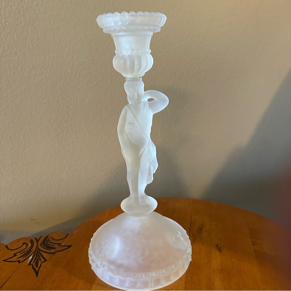 Antique Frosted Satin Pressed Glass Diana The Huntress Figural Candle Holder